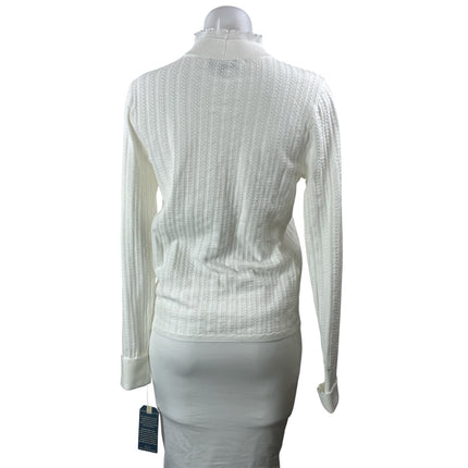 NEW Democracy White Pointelle Knit Long Sleeve Ruffle Mock Sweater Top Size S