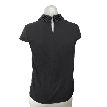Catherine Malandrino Women's Black Beaded Collar Short Cap Sleeve Blosue Top XS
