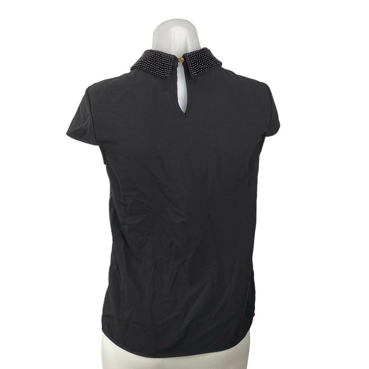 Catherine Malandrino Women's Black Beaded Collar Short Cap Sleeve Blosue Top XS