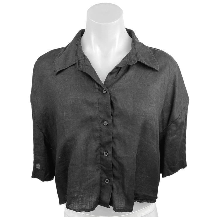 H&M Black 100% Linen Button Up Collar Short Sleeve Shirt Crop Top Blouse Size S