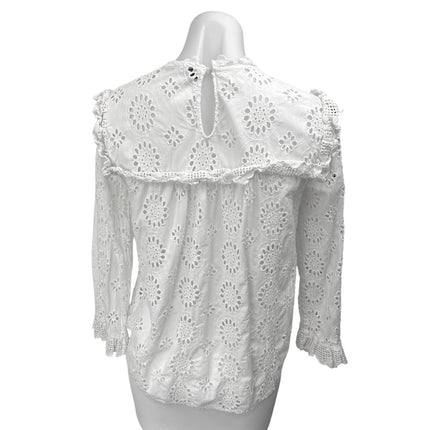 Zara Women's White Embroidered Ruffle Peasant Long Sleeve Blouse Top Size XS