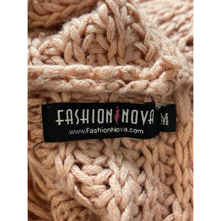Fashion Nova Women's Pink Crochet Open Knit Long Sleeve Swim Coverup Tunic Top M