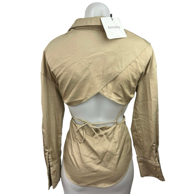 Everyday By Claude Beige Long Sleeve Collared Cut Out Waist Twist Knot Top S/M