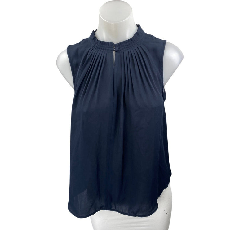 Banana Republic Navy Blue Sleeveless Pleated Mock Neck Ruffle Blouse Top Size S