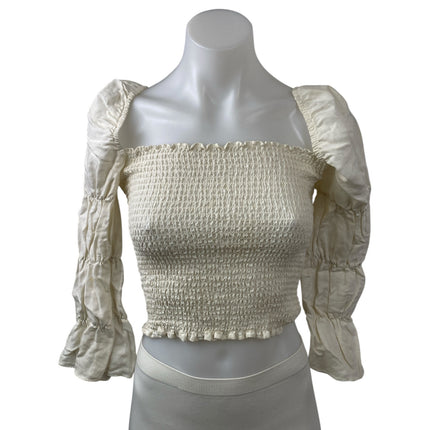 Reformation White Linen Smocked Square Neck 3/4 Puff Sleeve Crop Blouse Top XS