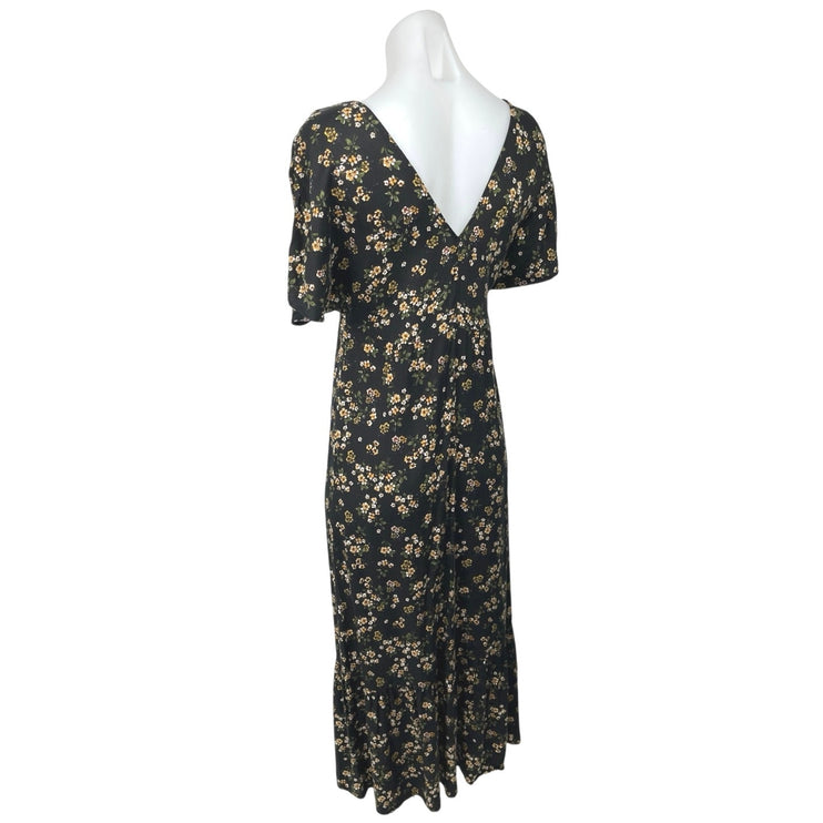 Pull Women's Black Yellow Peasant Floral Deep V Button Front Maxi Dress Size S