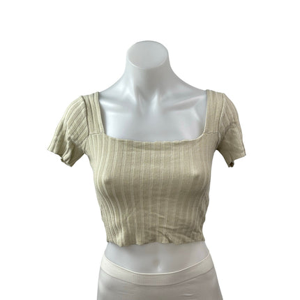 Princess Polly Beige Ribbed Knit Square Neck Short Sleeve Sculpt Crop Top Sz M/L