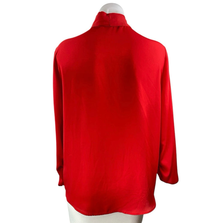 Zara Women's Red Tie Neck Long Puff Sleeve Button Career Shirt Blouse Top Size M