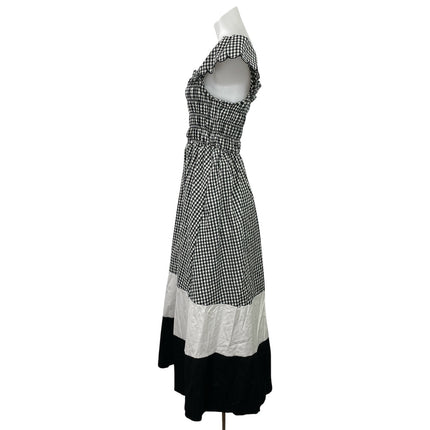 NEW Hyouka Black White Gingham Check Colorblock Smocked A-line Midi Dress Size S