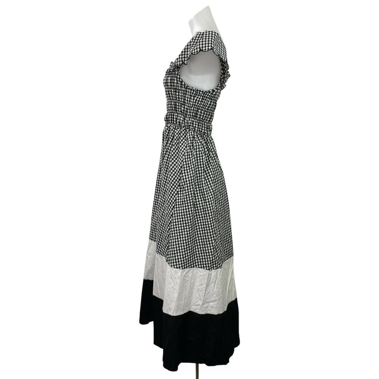 NEW Hyouka Black White Gingham Check Colorblock Smocked A-line Midi Dress Size S