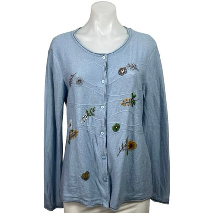Advocate Nature Women's Light Blue Long Sleeve Embroidered Cardigan Sweater Sz L