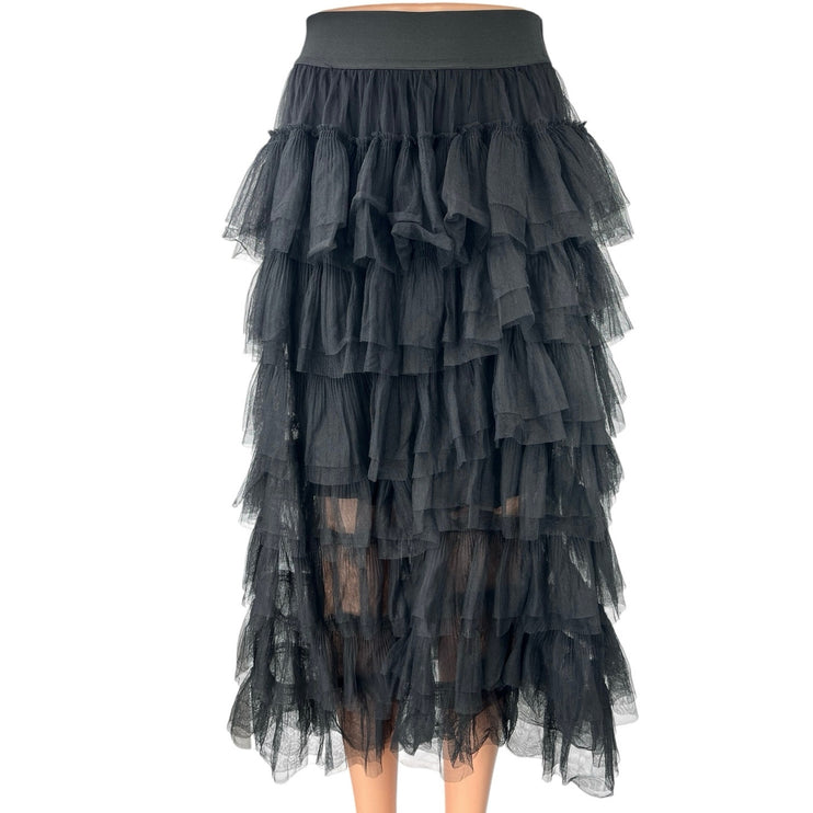 NWT Maje Josepha Black Ruffle Tiered Tulle Overlay High Waist Midi Skirt Size 36