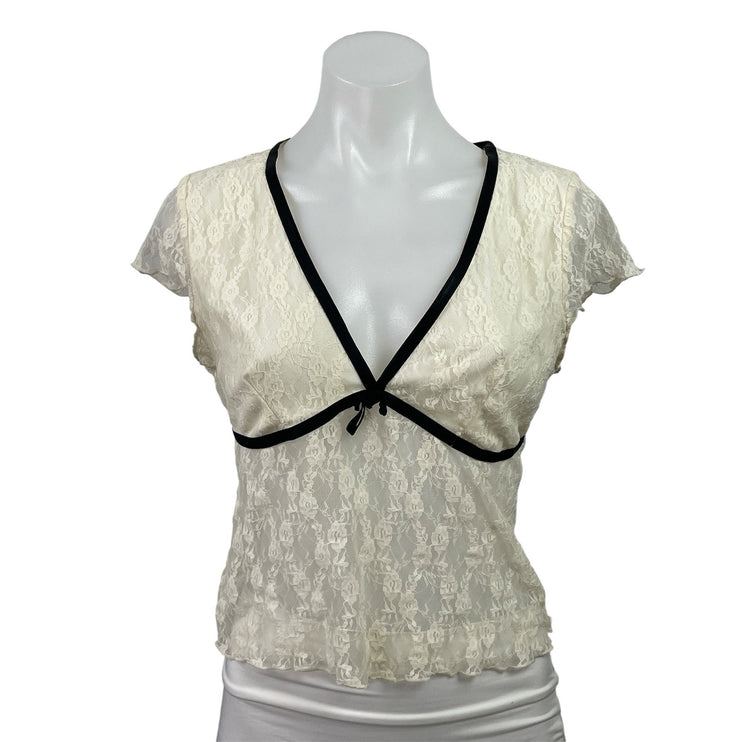 Kimchi Blue Womens White Floral Lace V-neck Short Cap Sleeve Sheer Blouse Top L