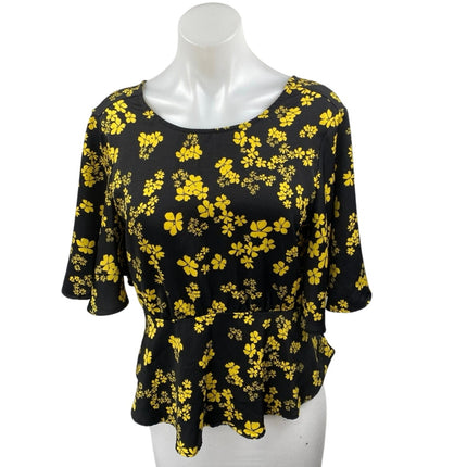 Who What Wear Women's Black Yellow Floral Short Sleeve Peplum Blouse Top Size S