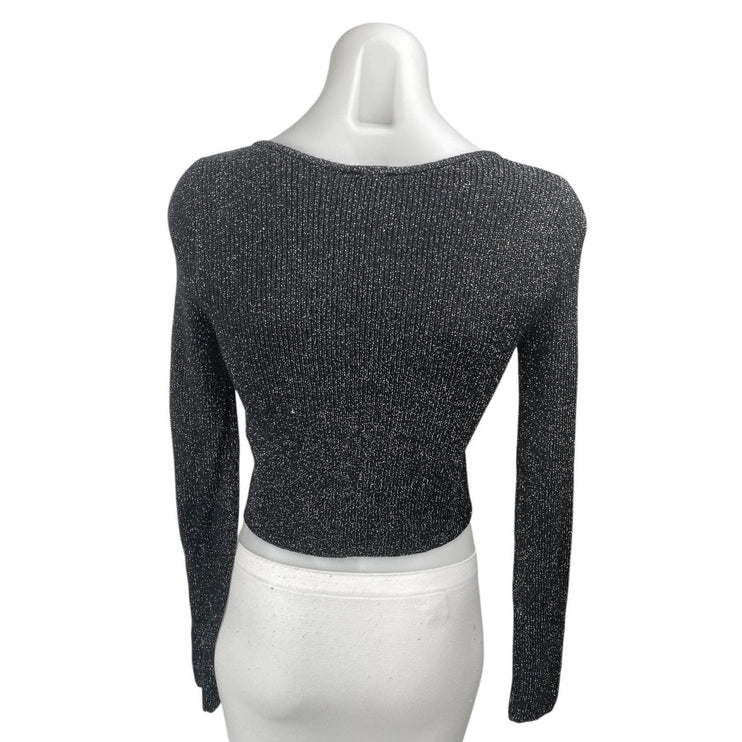 Abercrombie & Fitch Women's Black Metallic Long Sleeve Knit Crop Sweater Top XXS