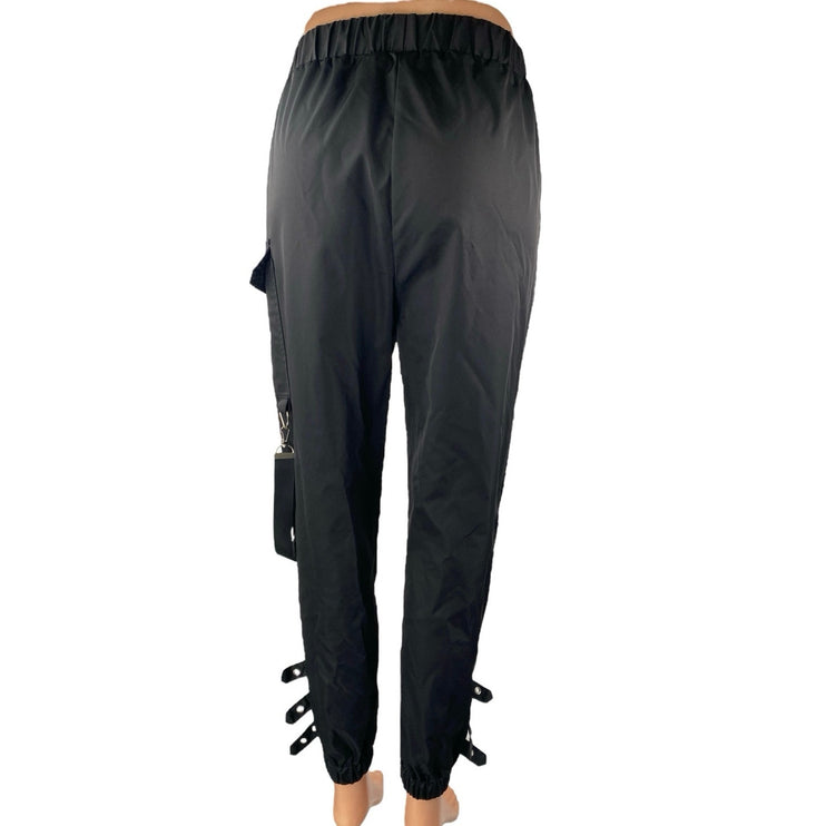 Women's Black High Rise Buckle Ankle Strap Tapered Leg Cargo Trousers Pants S