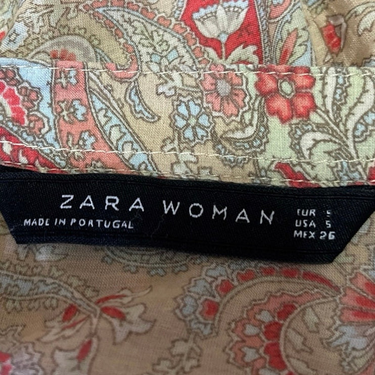 Zara Women's Tan Multicolor Button Down Paisley Long Sleeve Shirt Blouse Top S