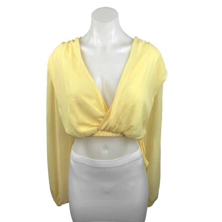 Missguided Yellow Deep V Long Sleeve Elastic Wait Cropped Blouse Top Size 4