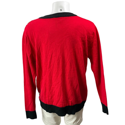 Men's Red Black Long Sleeves Knit Christmas Holiday Cardigan Sweater Top L/XL