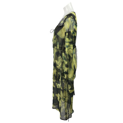 Commense Green Floral Mesh Long Sleeve Tie Cardigan Tank Midi Dress Set Size M