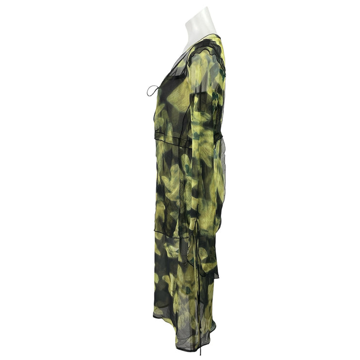 Commense Green Floral Mesh Long Sleeve Tie Cardigan Tank Midi Dress Set Size M