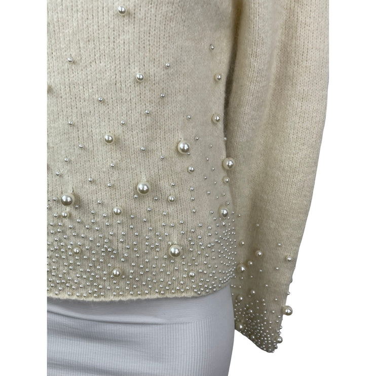 Zara Cream Beige Pearl Wool Beaded Long Sleeve Knit Crewneck Sweater Top Size S