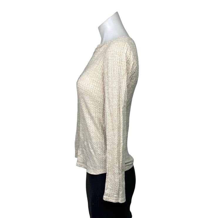 Socialite Women's Beige Waffle Knit Split V-Neck Long Sleeve Pullover Top Sz XS