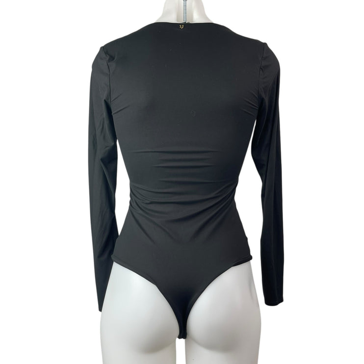 Victoria's Secret Black Deep V-Neck Long Sleeve Fitted One Piece Bodysuit Top S
