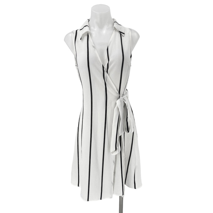 Blashe White Striped Sleeveless Collared V Neck Tie Waist Mini Wrap Dress Size S