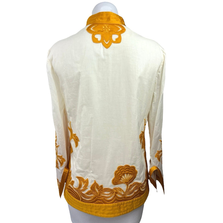 Tory Burch White/Gold Yellow Floral Long Sleeve Embroidered Applique Tunic Top 2