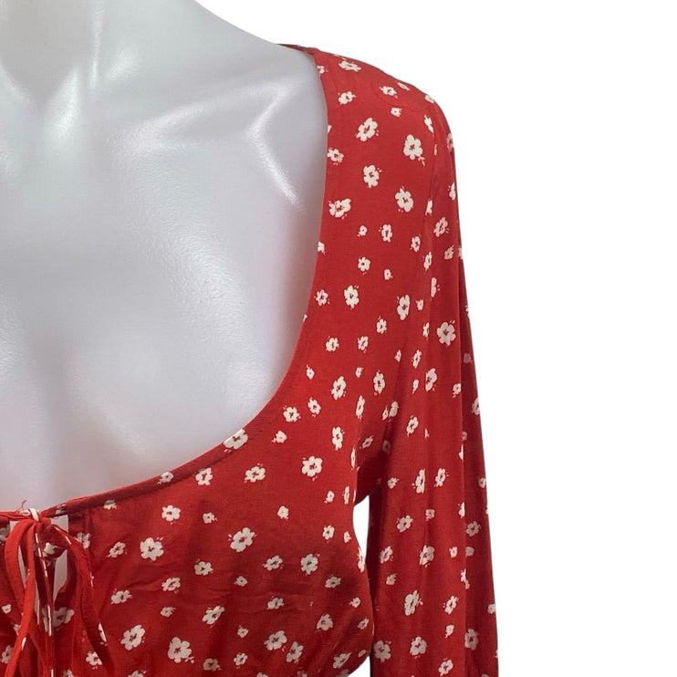 NEW Privacy Please Red Floral Long Sleeve Scoop Peplum Blouse Crop Top Size XS