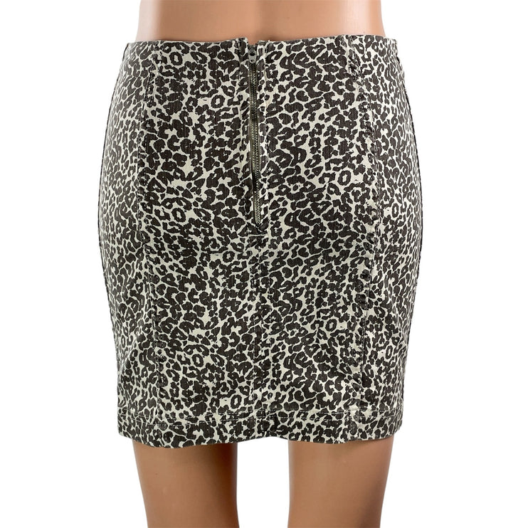 Free People Women's Beige Leopard Animal Print High Waist Mini Pencil Skirt Sz 2