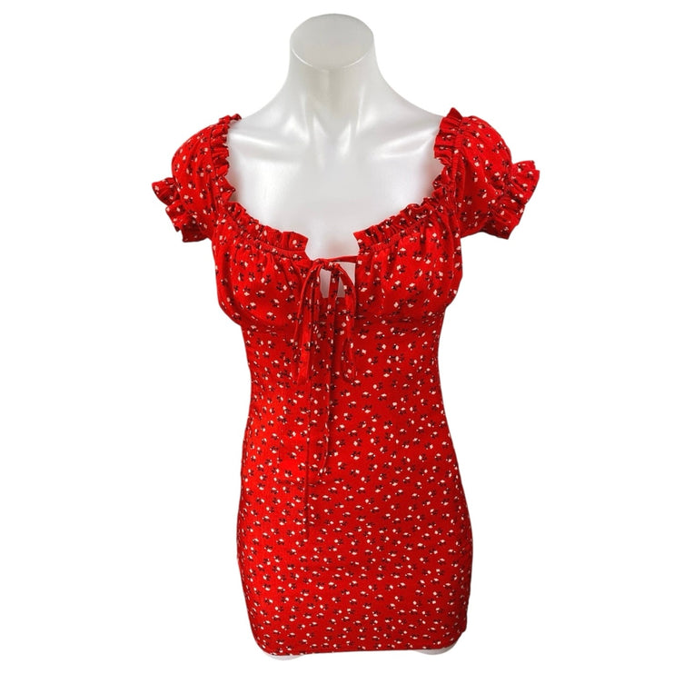 Polly Red Floral Short Puff Sleeve Tie Front Ruffle Mini Bodycon Dress Size 6