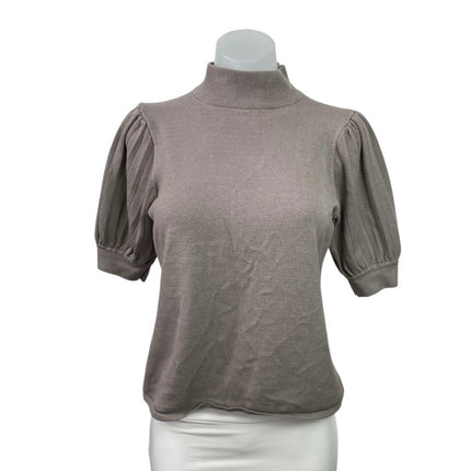 Tahari Women's Gray Turtle Neck Pleated Short Puff Sleeve Sweater Blouse Top M