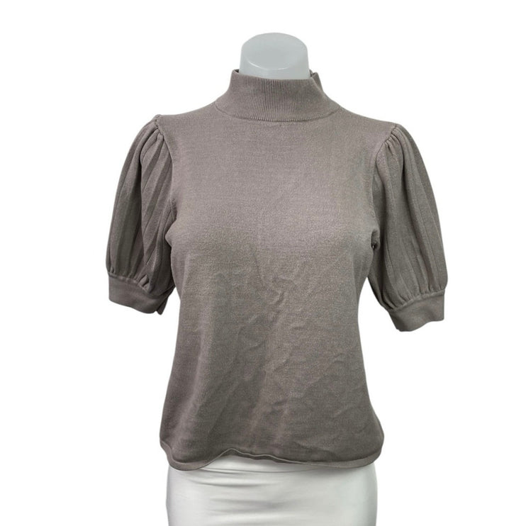 Tahari Women's Gray Turtle Neck Pleated Short Puff Sleeve Sweater Blouse Top M
