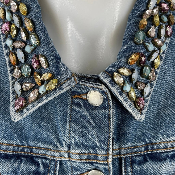 Maje Bianca Blue Embellished Crystal Stud Beaded Button Up Denim Jean Jacket M