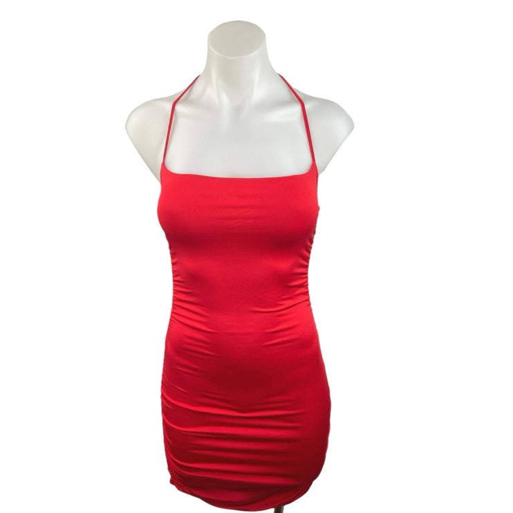 Womens Red Square Neck Halter tie Open Back Ruched Party Mini Bodycon Dress XS