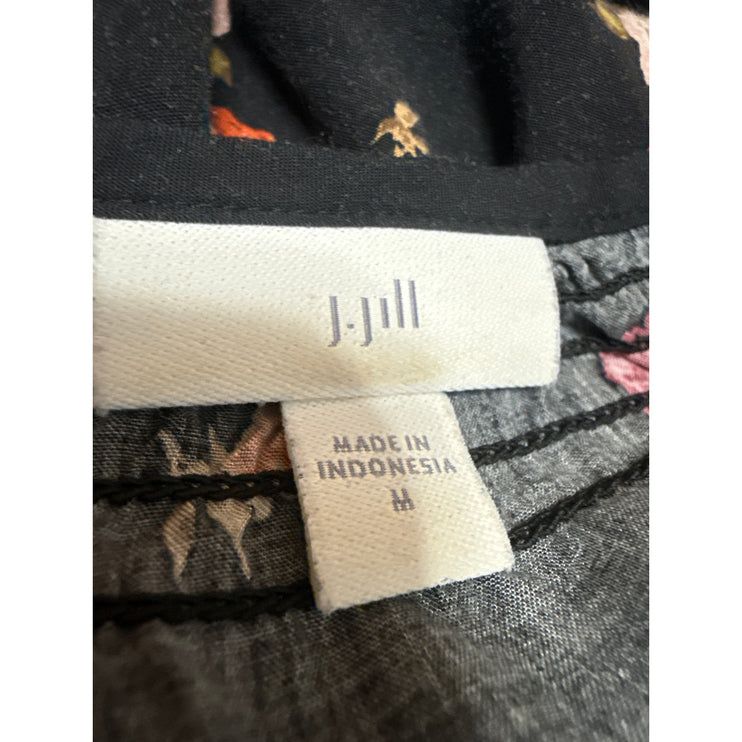 J.Jill Black Floral Smocked  Long Sleeve Button Down Mini Tunic Shirt Dress Sz M