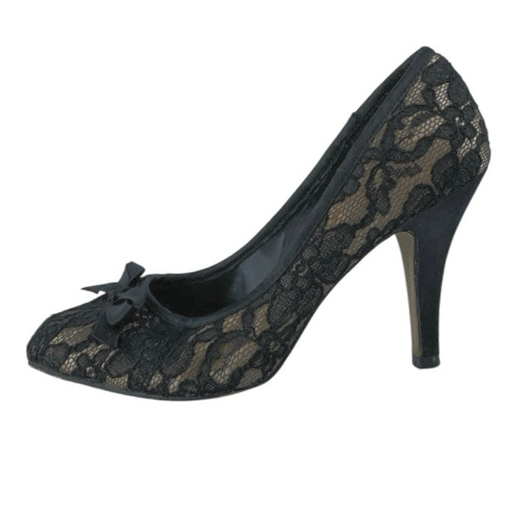 Steve Madden Black Floral Lace Bow Slip On Almond Toe Stiletto Heels Pumps Sz 7
