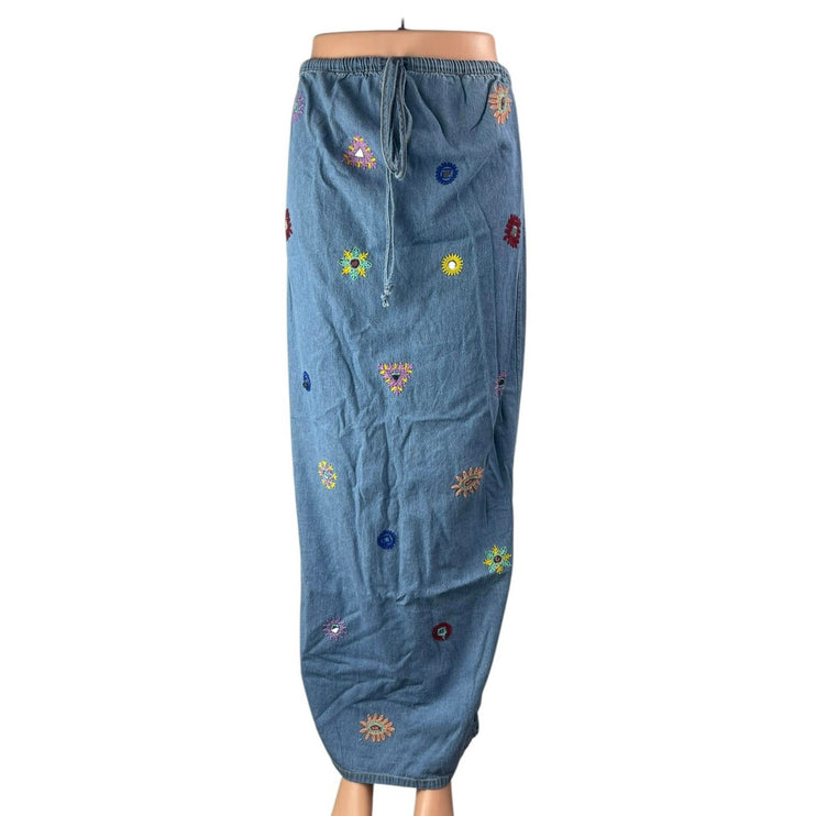 Zara Women's Blue Floral Embroidered Elastic Waist Denim Jeans Maxi Skirt Size S