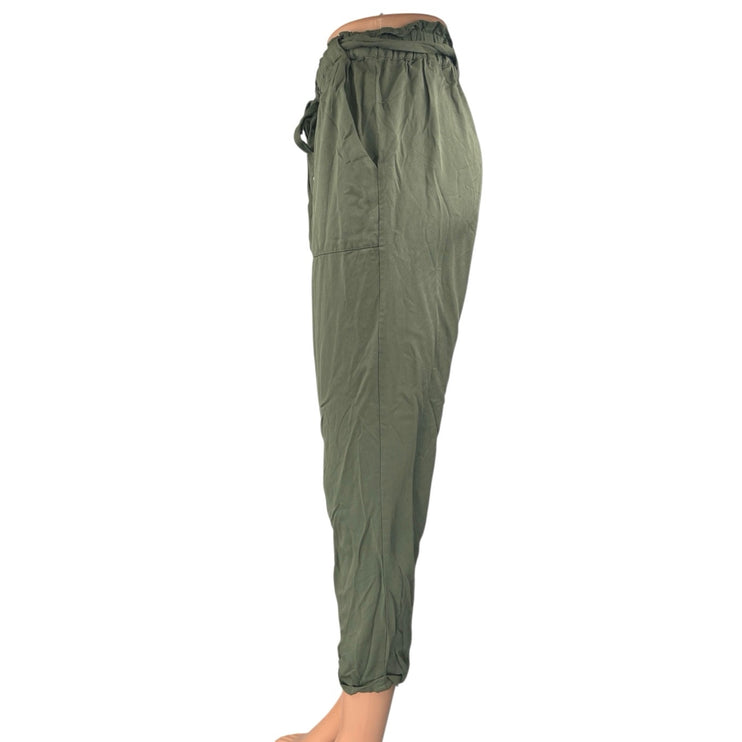 Know One Cares Women's Olive Green High Waist Tapered Paperbag Trousers Pants S