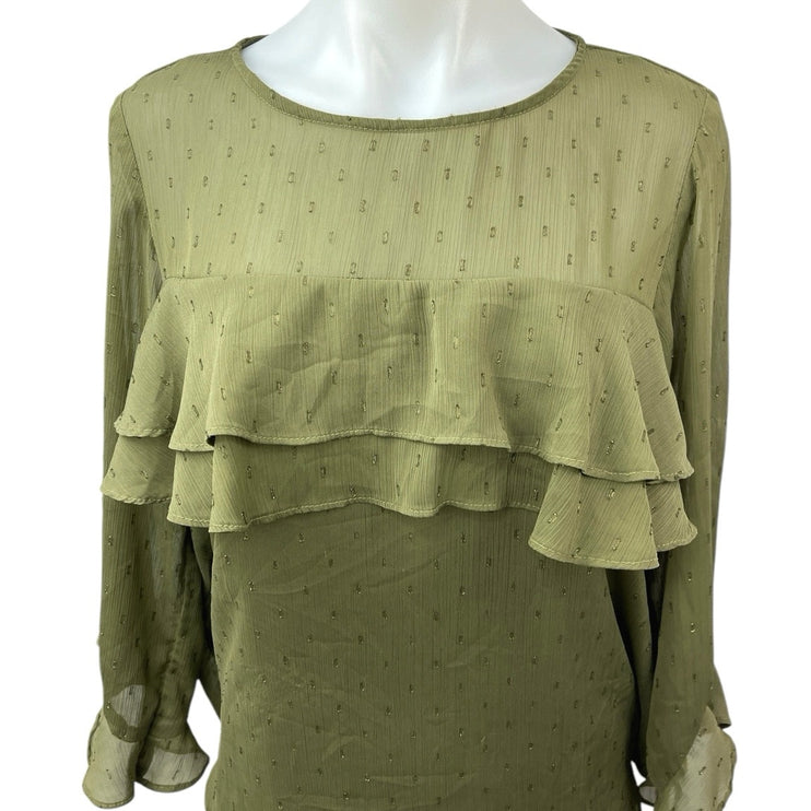 Dorothy Perkins Women's Olive Green Metallic Chiffon Ruffle Blouse Top Size 12