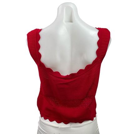 Meshki Women's Red Sleeveless Knit Scalloped Button Up Tank Crop Top Size L