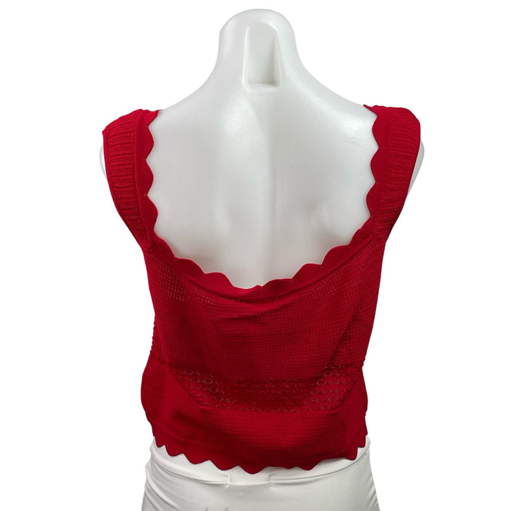 Meshki Women's Red Sleeveless Knit Scalloped Button Up Tank Crop Top Size L