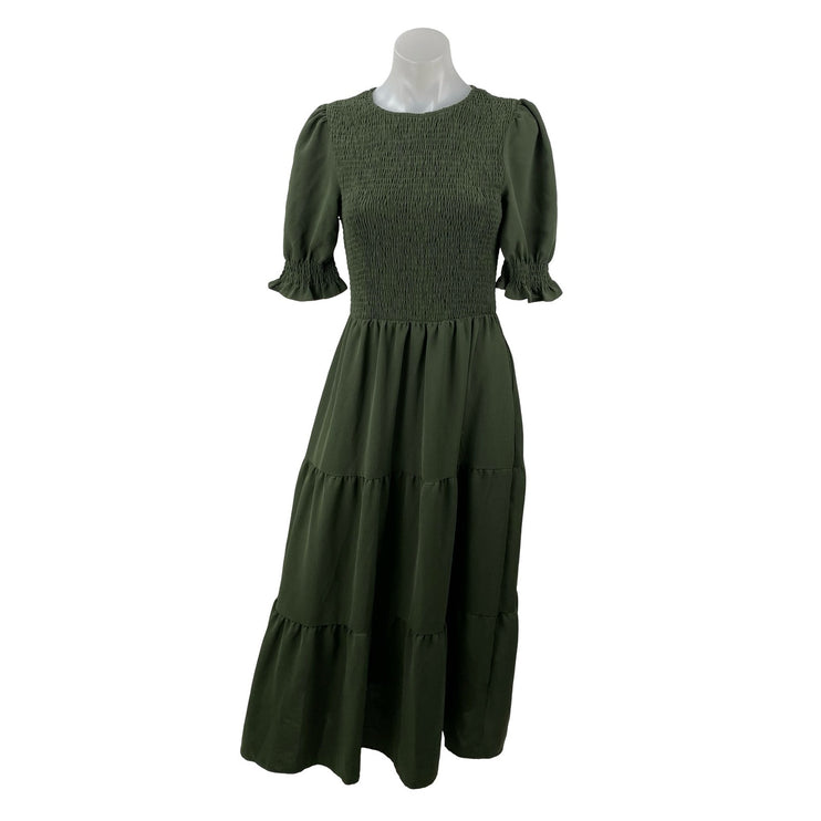 BTFBM Women's Green Smocked Short Puff Sleeve Tiered A Line Maxi Dress Size S