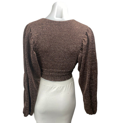 Showpo Beown Metallic Tie Knot Front Plunge Neck Long Sleeve Crop Blouse Top 4