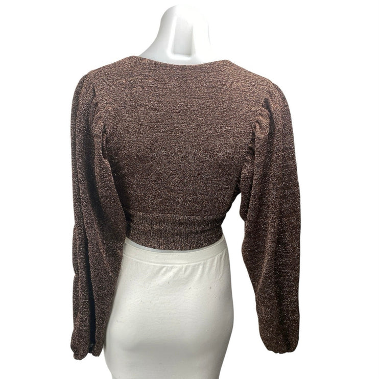 Showpo Beown Metallic Tie Knot Front Plunge Neck Long Sleeve Crop Blouse Top 4