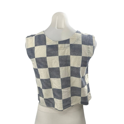 The Workshop Gray Cream Linen Checkered Sleeveless Henley Shirt Tank Top Size S