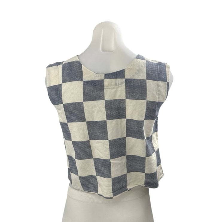 The Workshop Gray Cream Linen Checkered Sleeveless Henley Shirt Tank Top Size S