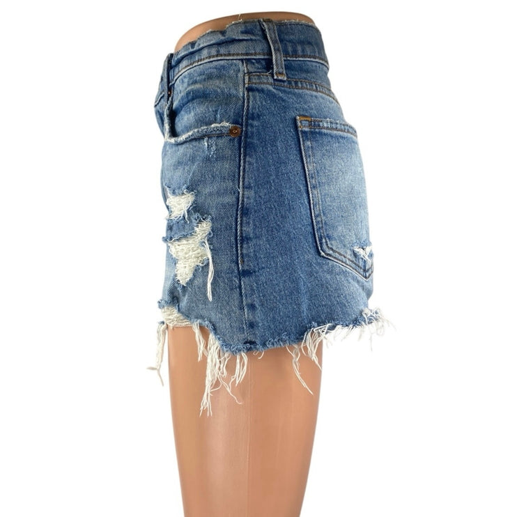 Abercrombie & Fitch Blue Distressed Frayed High Waist Denim Jeans Mom Shorts 25
